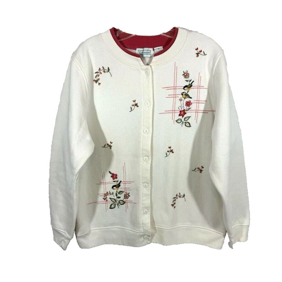 VINTAGE x SHENANIGANS Cardigan Sweater Womens Sz L Embroidered Birds Cottagecore - Picture 1 of 16